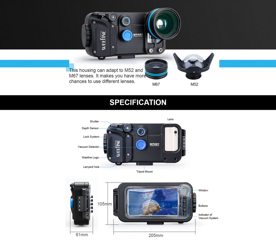 Underwater housing for smartphone camera